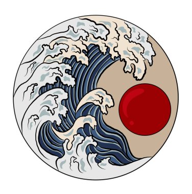 Fuji dağ vektörü. Japon dağ duvar kağıdı ve kırmızı güneş. Fuji Dağı boyama kitabıyla Japon dalgası. Beyaz izole arka planda geleneksel Japon kültürü..