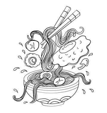 Geleneksel Japon eriştesi ve duvar kağıdı üzerine restoran baskısı için el sallama. Karalama sanatı için Ramen vektör çizimi. Arka planda yemek çubukları vektörü ile gün doğumu..