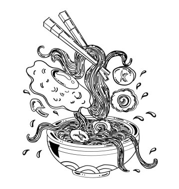Traditional Japanese ramen and wave for restaurant printing on wallpaper.Ramen vector illustration for doodle art.Sunrise with chopsticks vector for painting on background.