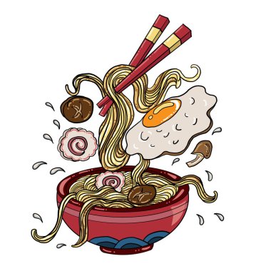 Geleneksel Japon eriştesi ve duvar kağıdı üzerine restoran baskısı için el sallama. Karalama sanatı için Ramen vektör çizimi. Arka planda yemek çubukları vektörü ile gün doğumu..