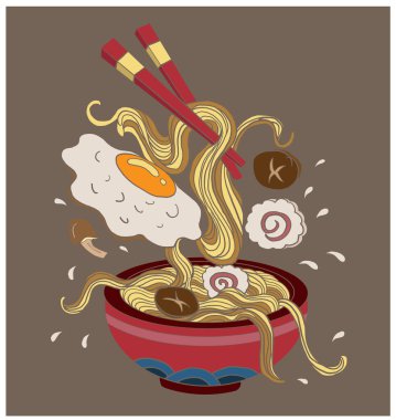 Traditional Japanese ramen and wave for restaurant printing on wallpaper.Ramen vector illustration for doodle art.Sunrise with chopsticks vector for painting on background.