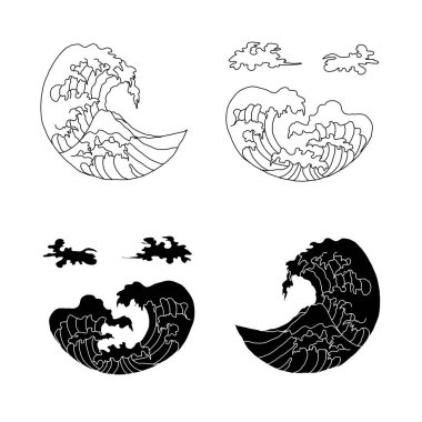 Tişört için turna ve Japon dalga vektör çizimi. Geleneksel Çin dalgası ve gündoğumu. Gömlek üzerine basmak için güzel bir doğa çizgisi..