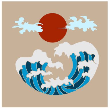 Tişört için turna ve Japon dalga vektör çizimi. Geleneksel Çin dalgası ve gündoğumu. Gömlek üzerine basmak için güzel bir doğa çizgisi..