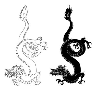 Japon kırmızı ejderha dövmesi. Çin Yeni Yılı için kırmızı zemin üzerinde ejderha. Altın çizgili Çin Ejderhası vektörü. Altın çizgili Kral Ejderha dövmesi. Tişört için çizgi film vektörü..