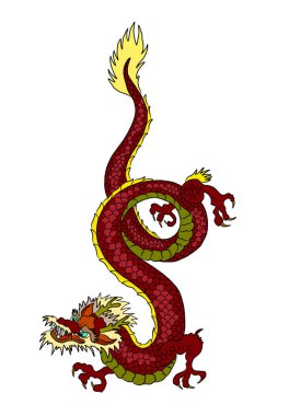 Japon kırmızı ejderha dövmesi. Çin Yeni Yılı için kırmızı zemin üzerinde ejderha. Altın çizgili Çin Ejderhası vektörü. Altın çizgili Kral Ejderha dövmesi. Tişört için çizgi film vektörü..