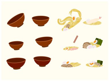 Geleneksel Japon eriştesi ve duvar kağıdı üzerine restoran baskısı için el sallama. Karalama sanatı için Ramen vektör çizimi. Arka planda yemek çubukları vektörü ile gün doğumu..