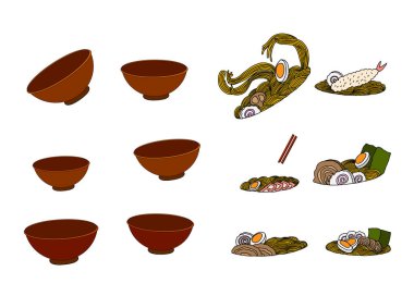 Geleneksel Japon eriştesi ve duvar kağıdı üzerine restoran baskısı için el sallama. Karalama sanatı için Ramen vektör çizimi. Arka planda yemek çubukları vektörü ile gün doğumu..