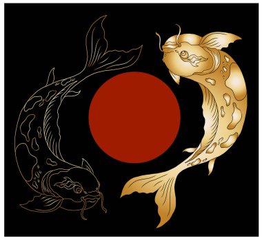 koi carp vector isolate for tattoo.Japanese carp drawing.Hand drawn line art of Koi carp. Vector isolated. Idea for tattoo and coloring books.Traditional Japanese culture element for printing on wall.