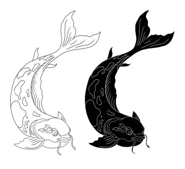 koi carp vector isolate for tattoo.Japanese carp drawing.Hand drawn line art of Koi carp. Vector isolated. Idea for tattoo and coloring books.Traditional Japanese culture element for printing on wall.