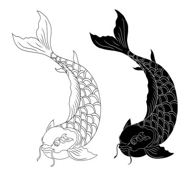 koi carp vector isolate for tattoo.Japanese carp drawing.Hand drawn line art of Koi carp. Vector isolated. Idea for tattoo and coloring books.Traditional Japanese culture element for printing on wall.