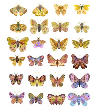 Renkli Kelebek Sanat Baskısı posteri, Kelebek Duvarı dekorasyonu, gerçekçi vektör kelebekleri. Kelebeklerin zarif çizimlerinin koleksiyonu. Klip sanatı. Projeniz için tasarım elemanı.