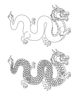 Japanese red dragon tattoo.Dragon on red background for Chinese New Year.Gold Chinese Dragon vector.Gold line art King Dragon tattoo.cartoon vector for t-shirt.
