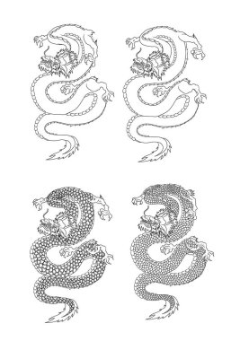 Japon kırmızı ejderha dövmesi. Çin Yeni Yılı için kırmızı arka planda ejderha. Altın Çin Ejderhası vektörü. Altın çizgili Kral Ejderha dövmesi. t-shirt için çizgi film vektörü.