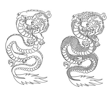 Japon kırmızı ejderha dövmesi. Çin Yeni Yılı için kırmızı arka planda ejderha. Altın Çin Ejderhası vektörü. Altın çizgili Kral Ejderha dövmesi. t-shirt için çizgi film vektörü.