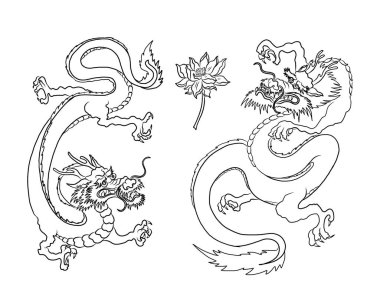 Japon kırmızı ejderha dövmesi. Çin Yeni Yılı için kırmızı zemin üzerinde ejderha. Altın çizgili Çin Ejderhası vektörü. Altın çizgili Kral Ejderha dövmesi. Tişört için çizgi film vektörü..