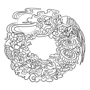 Kurabiye kutusuna baskı yapmak için geleneksel Çin kültürü. Mutlu Çin yeni yılı 2024. Arka plandaki elementler için el çizimi vektörü..