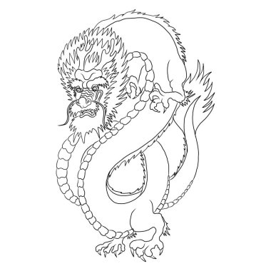 Japon kırmızı ejderha dövmesi. Çin Yeni Yılı için kırmızı zemin üzerinde ejderha. Altın çizgili Çin Ejderhası vektörü. Altın çizgili Kral Ejderha dövmesi. Tişört için çizgi film vektörü..