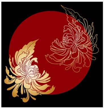 Arka planda basım için kasımpatı içeren renkli bir çiçek. Dövme tasarımı için kasımpatı çiçeği vektörü. Japon çiçek çizimleri için beyaz izole arkaplanda karalama sanatı..