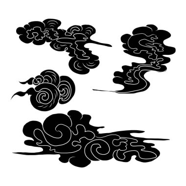 Baskı için el çizgisi. Resim kitabı için Çin bulut vektörü ve beyaz arkaplan üzerine baskı. Dövme tasarımı ve fikir için geleneksel Japon kültür unsuru. Bulut ve dalga çizimi. Clip sanatı.