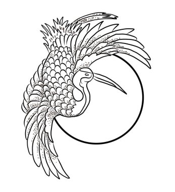 Tişört için turna ve Japon dalga vektör çizimi. Çemberde geleneksel Çin dalgası. Gömlek üzerine basmak için güzel bir doğa çizgisi..