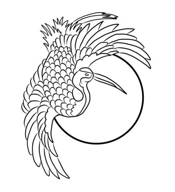 Tişört için turna ve Japon dalga vektör çizimi. Çemberde geleneksel Çin dalgası. Gömlek üzerine basmak için güzel bir doğa çizgisi..