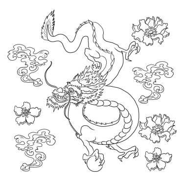 Japon mavi ejderha dövmesi. Çin Yeni Yılı için beyaz arkaplanda ejderha. Altın Çin Ejderhası vektörü. Altın çizgili King Dragon dövmesi..