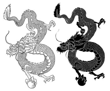 Japon mavi ejderha dövmesi. Çin Yeni Yılı için beyaz arkaplanda ejderha. Altın Çin Ejderhası vektörü. Altın çizgili King Dragon dövmesi..