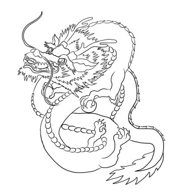 Japon mavi ejderha dövmesi. Çin Yeni Yılı için beyaz arkaplanda ejderha. Altın Çin Ejderhası vektörü. Altın çizgili King Dragon dövmesi..