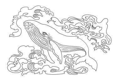 Beyaz arka planda balina çizimi. Çocuk kitabı ya da renklendirmedeki elementler için el çizimi balina vektörü. Kağıda etiket yazdırma.