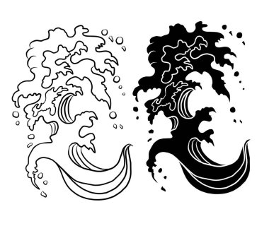 Baskı için el çizgisi. Resim kitabı için Çin bulut vektörü ve beyaz arkaplan üzerine baskı. Dövme tasarımı ve fikir için geleneksel Japon kültür unsuru. Bulut ve dalga çizimi. Clip sanatı.