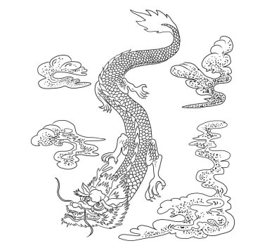 Japon kırmızı ejderha dövmesi. Çin Yeni Yılı için kırmızı zemin üzerinde ejderha. Altın çizgili Çin Ejderhası vektörü. Altın çizgili Kral Ejderha dövmesi. Tişört için çizgi film vektörü..