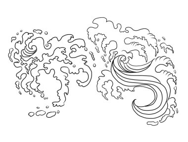 Baskı için el çizgisi. Resim kitabı için Çin bulut vektörü ve beyaz arkaplan üzerine baskı. Dövme tasarımı ve fikir için geleneksel Japon kültür unsuru. Bulut ve dalga çizimi. Clip sanatı.