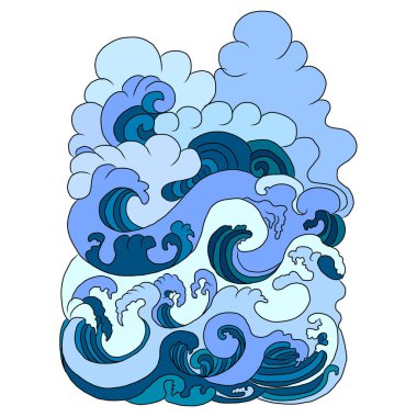 Baskı için el çizgisi. Resim kitabı için Çin bulut vektörü ve beyaz arkaplan üzerine baskı. Dövme tasarımı ve fikir için geleneksel Japon kültür unsuru. Bulut ve dalga çizimi. Clip sanatı.