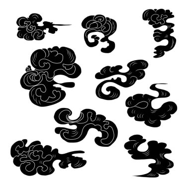 Baskı için el çizgisi. Resim kitabı için Çin bulut vektörü ve beyaz arkaplan üzerine baskı. Dövme tasarımı ve fikir için geleneksel Japon kültür unsuru. Bulut ve dalga çizimi. Clip sanatı.