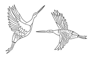 Tişört için turna ve Japon dalga vektör çizimi. Çemberde geleneksel Çin dalgası. Gömlek üzerine basmak için güzel bir doğa çizgisi. Karalama ve arkaplanda resim yapma sanatı.