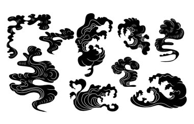 Baskı için el çizgisi. Resim kitabı için Çin bulut vektörü ve beyaz arkaplan üzerine baskı. Dövme tasarımı ve fikir için geleneksel Japon kültür unsuru. Bulut ve dalga çizimi. Clip sanatı.