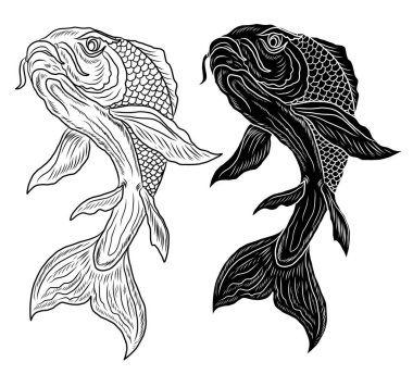 İzole edilmiş beyaz arka plan üzerine tişört basmak için Koi balık vektörü. El çizimi lotus ve koi balığı sazan balığı arka plan baskısı için vektörü. Resim yapmak için şanslı Çin hayvan illüstrasyonu.