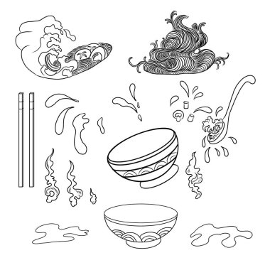 Geleneksel Japon eriştesi ve duvar kağıdı üzerine restoran baskısı için el sallama. Karalama sanatı için Ramen vektör çizimi. Arka planda yemek çubukları vektörü ile gün doğumu..