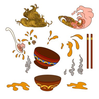 Geleneksel Japon eriştesi ve duvar kağıdı üzerine restoran baskısı için el sallama. Karalama sanatı için Ramen vektör çizimi. Arka planda yemek çubukları vektörü ile gün doğumu..