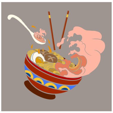 Geleneksel Japon eriştesi ve duvar kağıdı üzerine restoran baskısı için el sallama. Karalama sanatı için Ramen vektör çizimi. Arka planda yemek çubukları vektörü ile gün doğumu..