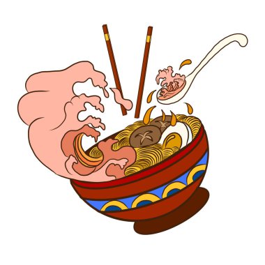 Geleneksel Japon eriştesi ve duvar kağıdı üzerine restoran baskısı için el sallama. Karalama sanatı için Ramen vektör çizimi. Arka planda yemek çubukları vektörü ile gün doğumu..