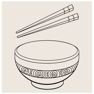 Geleneksel Japon eriştesi ve duvar kağıdı üzerine restoran baskısı için el sallama. Karalama sanatı için Ramen vektör çizimi. Arka planda yemek çubukları vektörü ile gün doğumu..