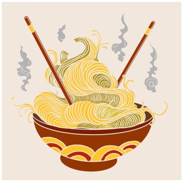Geleneksel Japon eriştesi ve duvar kağıdı üzerine restoran baskısı için el sallama. Karalama sanatı için Ramen vektör çizimi. Arka planda yemek çubukları vektörü ile gün doğumu..