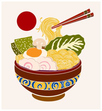 Traditional Japanese ramen and wave for restaurant printing on wallpaper.Ramen vector illustration for doodle art.Sunrise with chopsticks vector for painting on background.