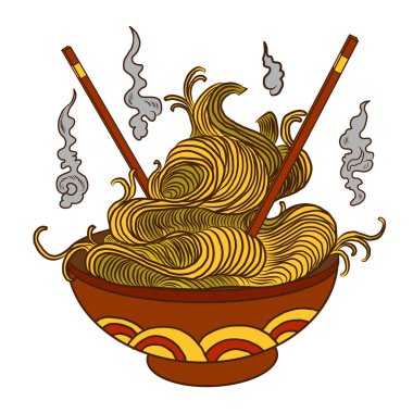 Geleneksel Japon eriştesi ve duvar kağıdı üzerine restoran baskısı için el sallama. Karalama sanatı için Ramen vektör çizimi. Arka planda yemek çubukları vektörü ile gün doğumu..