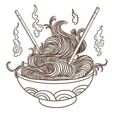 Geleneksel Japon eriştesi ve duvar kağıdı üzerine restoran baskısı için el sallama. Karalama sanatı için Ramen vektör çizimi. Arka planda yemek çubukları vektörü ile gün doğumu..