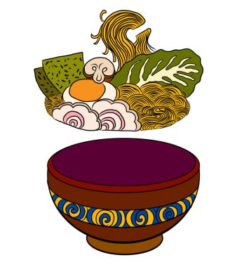 Geleneksel Japon eriştesi ve duvar kağıdı üzerine restoran baskısı için el sallama. Karalama sanatı için Ramen vektör çizimi. Arka planda yemek çubukları vektörü ile gün doğumu..