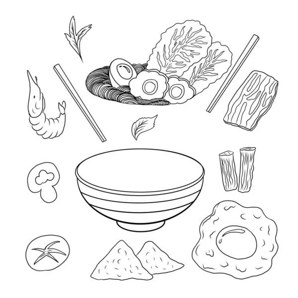 Geleneksel Japon eriştesi ve duvar kağıdı üzerine restoran baskısı için el sallama. Karalama sanatları için Ramen vektör çizimi. Arka planda resim yapmak için çubuk vektörü ile gün doğumu. Asya yemeklerinin elementleri..