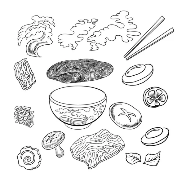 Geleneksel Japon eriştesi ve duvar kağıdı üzerine restoran baskısı için el sallama. Karalama sanatları için Ramen vektör çizimi. Arka planda resim yapmak için çubuk vektörü ile gün doğumu. Asya yemeklerinin elementleri..