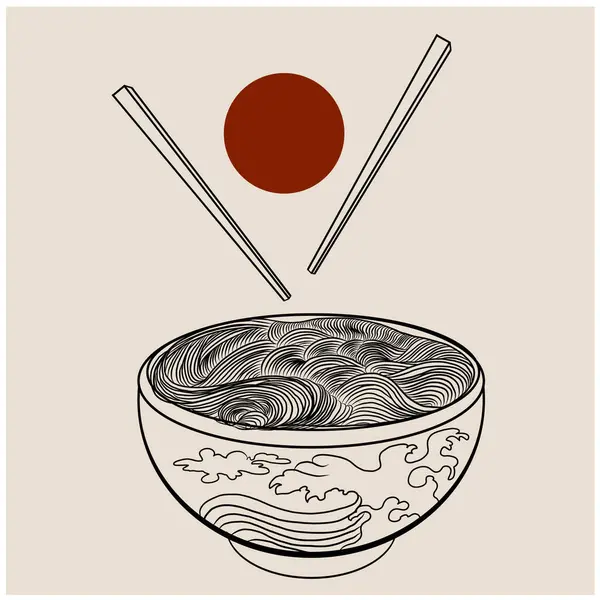 Geleneksel Japon eriştesi ve duvar kağıdı üzerine restoran baskısı için el sallama. Karalama sanatları için Ramen vektör çizimi. Arka planda resim yapmak için çubuk vektörü ile gün doğumu. Asya yemeklerinin elementleri..